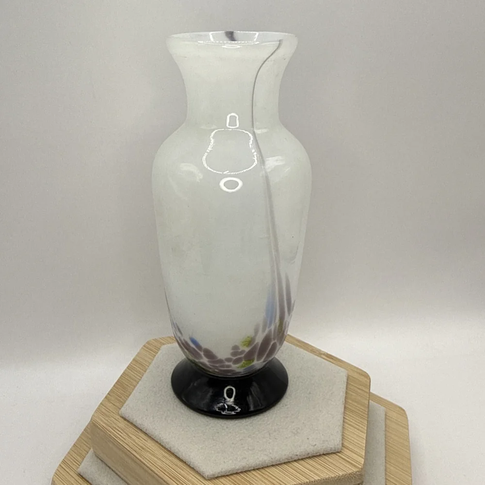 Vintage Art Glass Vase. Hand Blown with Pontil Mark. White and Amethyst Purple